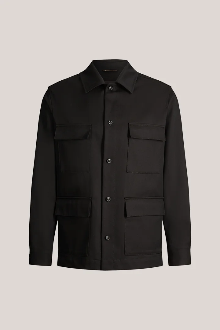 Leads to product detail page "Modular shirt jacket in a virgin wool blend, in brown"