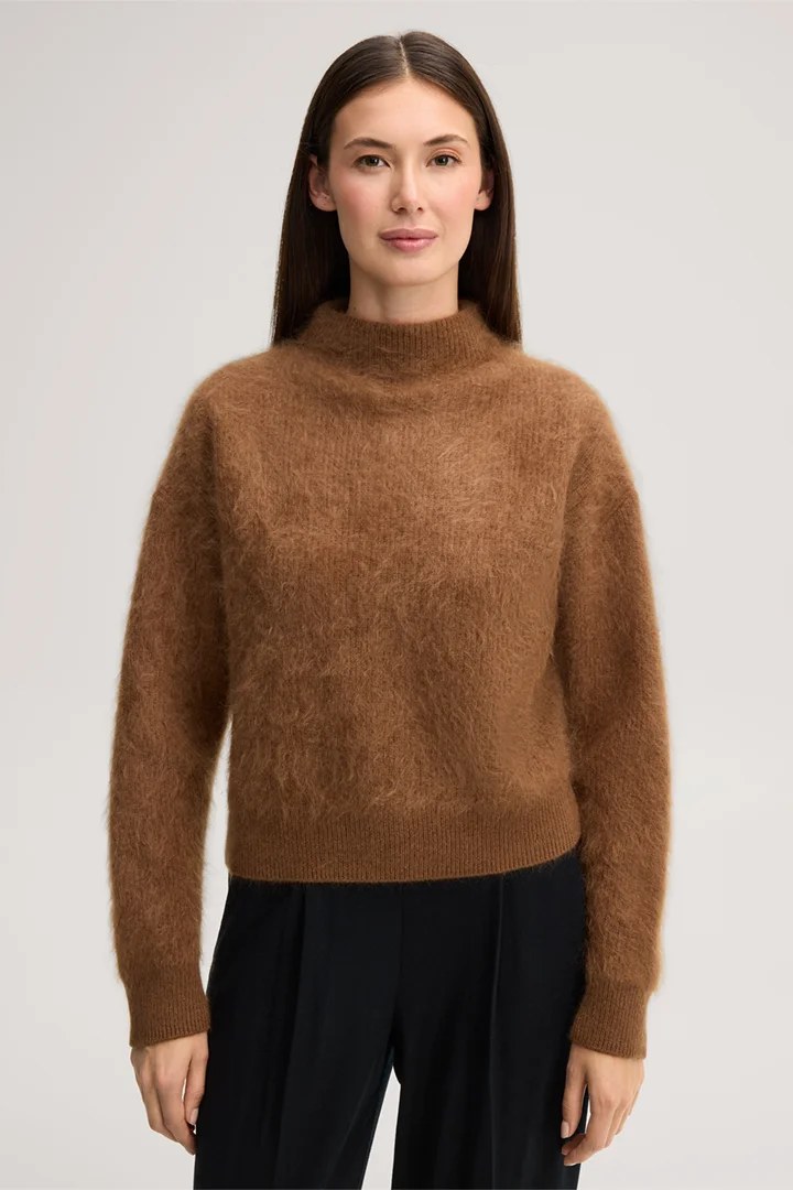 Leads to product detail page "Brushed cashmere jumper with a stand-up collar in caramel"