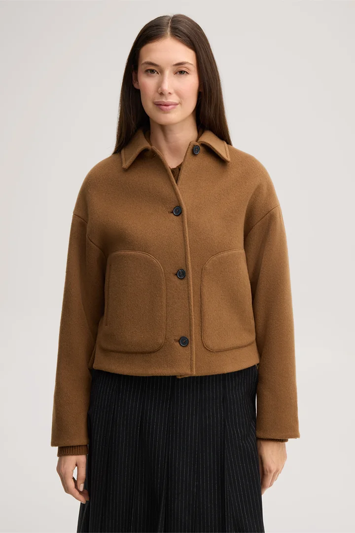 Leads to product detail page "Brushed wool jacket with a turn-down collar in caramel"