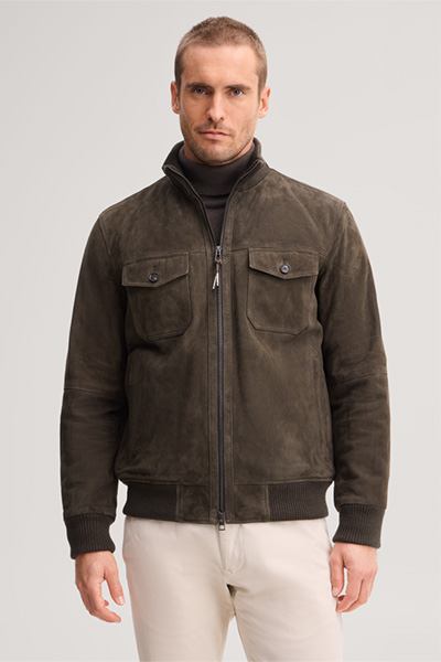 Leads to product detail page "Goatskin suede jacket in olive"