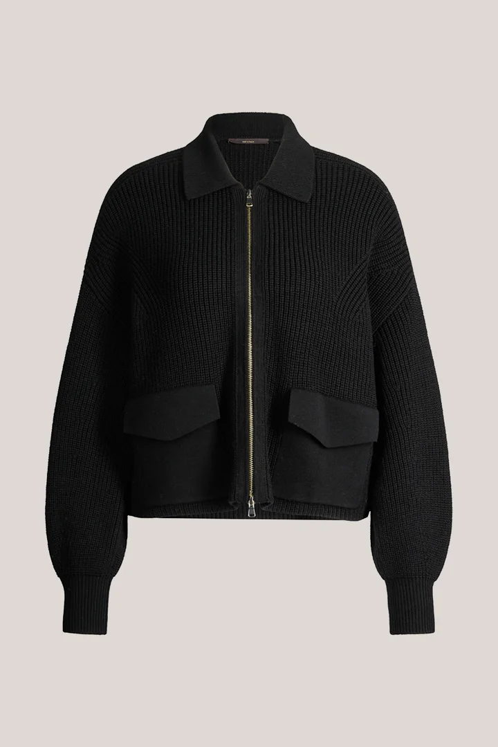 windsor. presents the product Black merino knitted zip-up cardigan from the category Knitwear as a cut-out