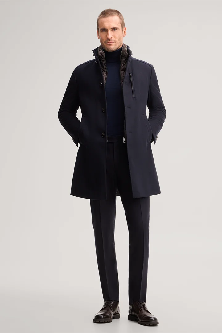 Führt zu Produktdetailseite „Wollmix-Stehkragen-Mantel mit Cashmere in Navy"