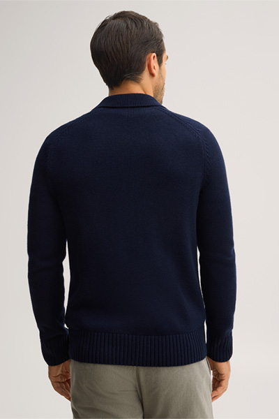 Leads to product detail page "Navy blue virgin wool knitted overshirt with a shirt collar"
