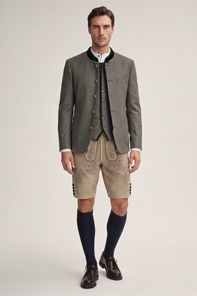 Leads to product detail page "Au Traditional Costume Waistcoat with Stand-up collar in Taupe with Velvet Details"