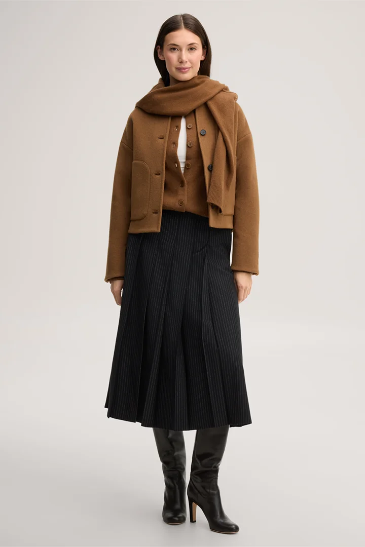Leads to product detail page "Brushed wool jacket with a turn-down collar in caramel"