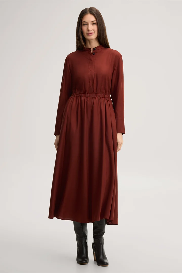 Leads to product detail page "Dark red wool crepe dress with a stand-up collar"