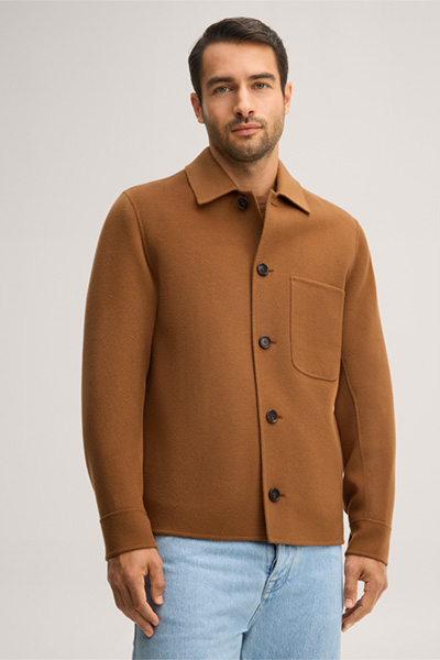 Leads to product detail page "Double-faced woollen overshirt with a shirt collar in brown"