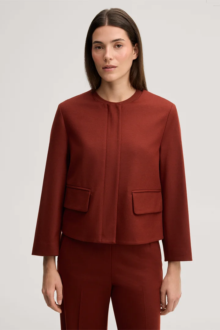 Leads to product detail page "Dark red flannel and woollen jersey blazer jacket"