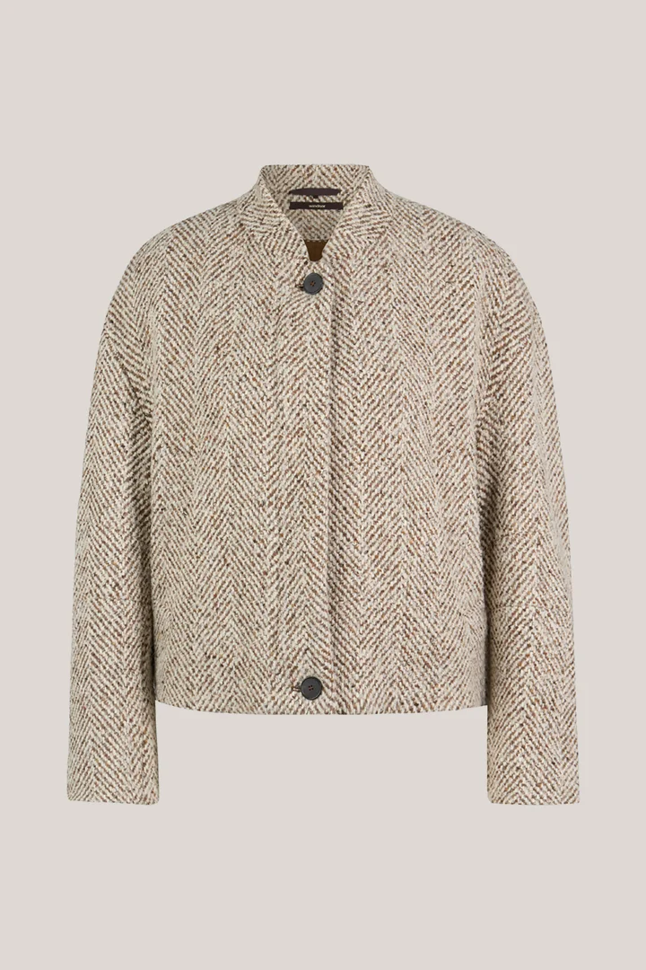 Mène à la page produit « Blouson en tweed mélangé laine, motif à chevrons écru-marron-gris »