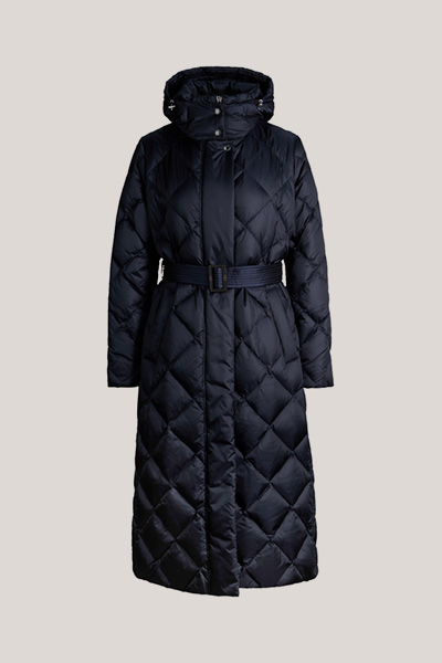 Leads to product detail page "Nylon down-filled quilted coat with stand-up collar in navy blue"