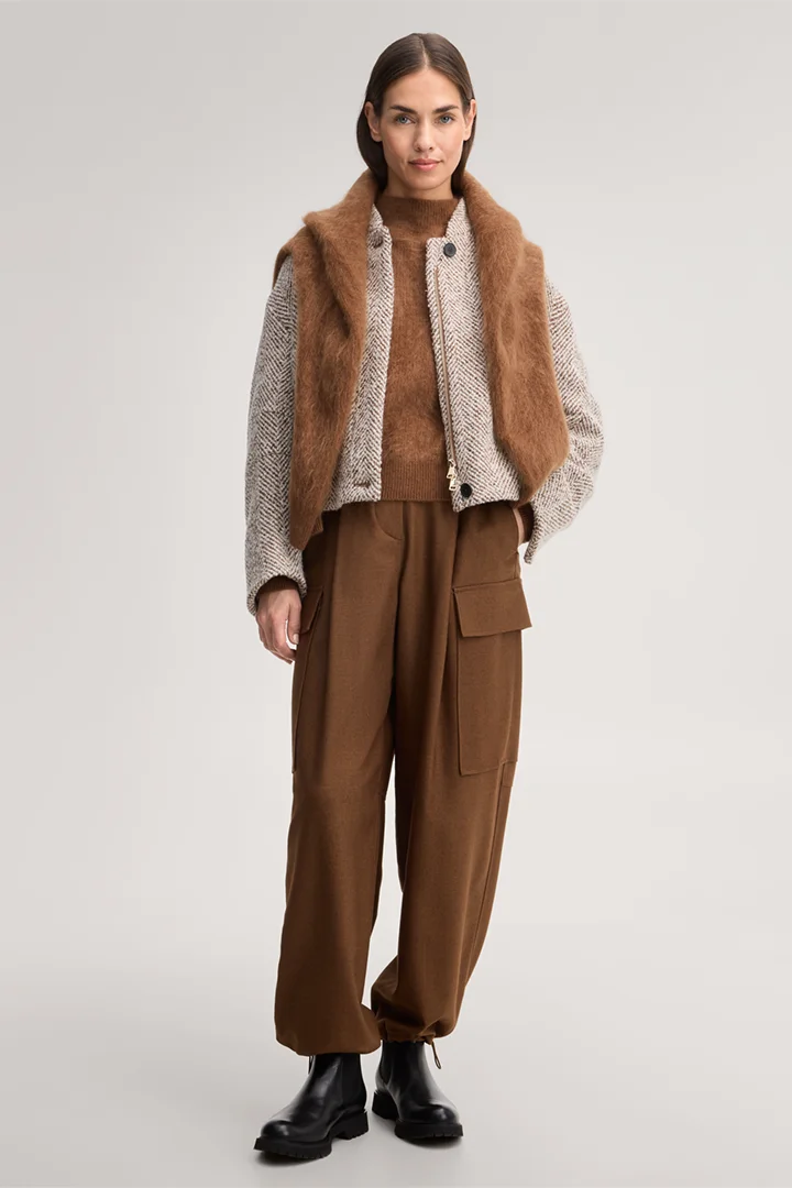 Leads to product detail page "Wool-blend tweed jacket in herringbone ecru, brown and grey"