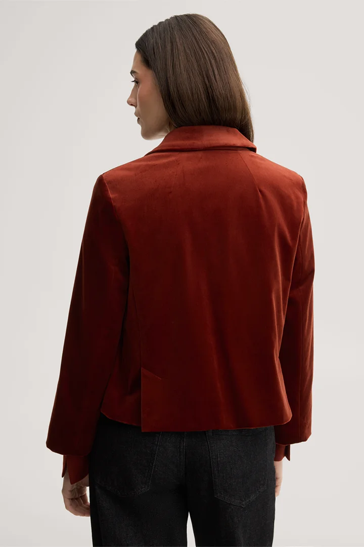 Leads to product detail page "Dark red velvet blazer"