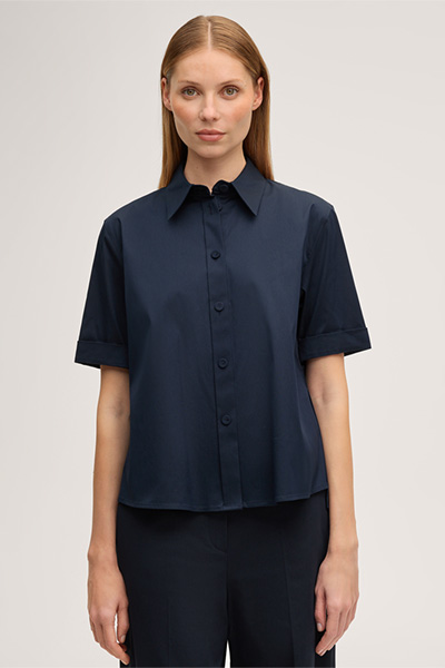 Baumwollstretch-Kurzarm-Hemdbluse in Navy