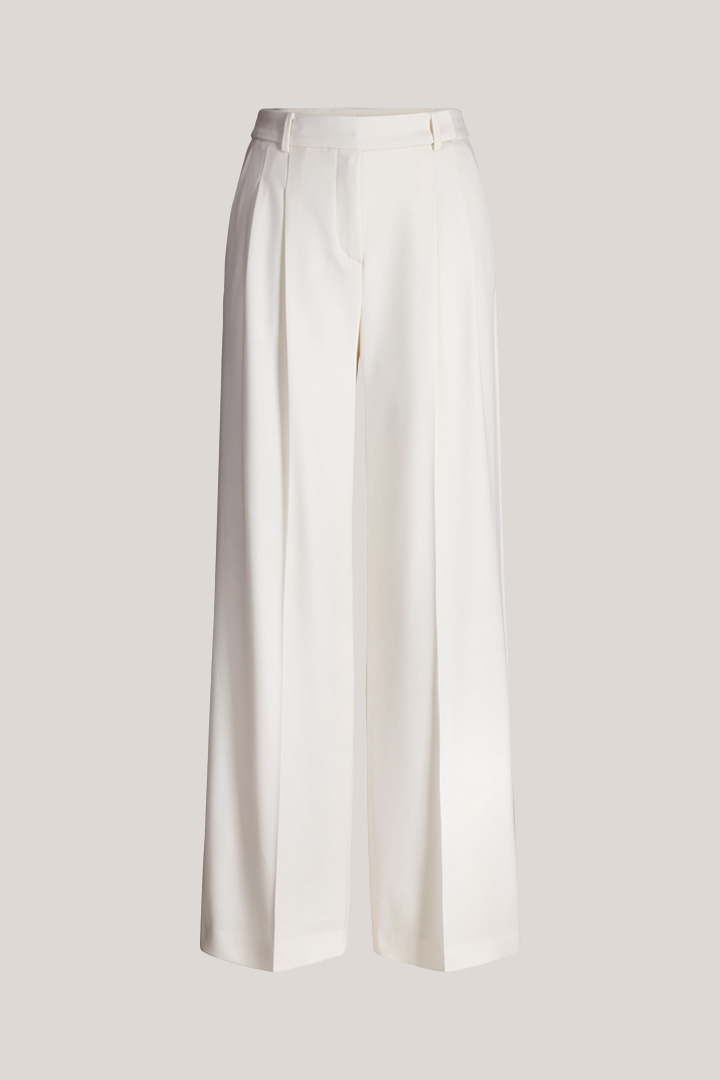 Schurwollstretch-Bundfalten-Palazzo-Hose in Ecru