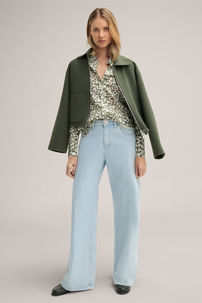 Lyocell and Linen Printed Shirt-style Blouse in Sage Green