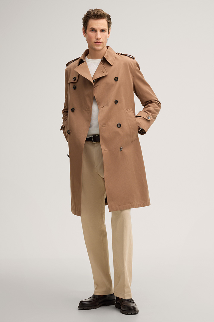 Leads to product detail page "Trento Double-breasted Cotton Trench Coat in Camel"