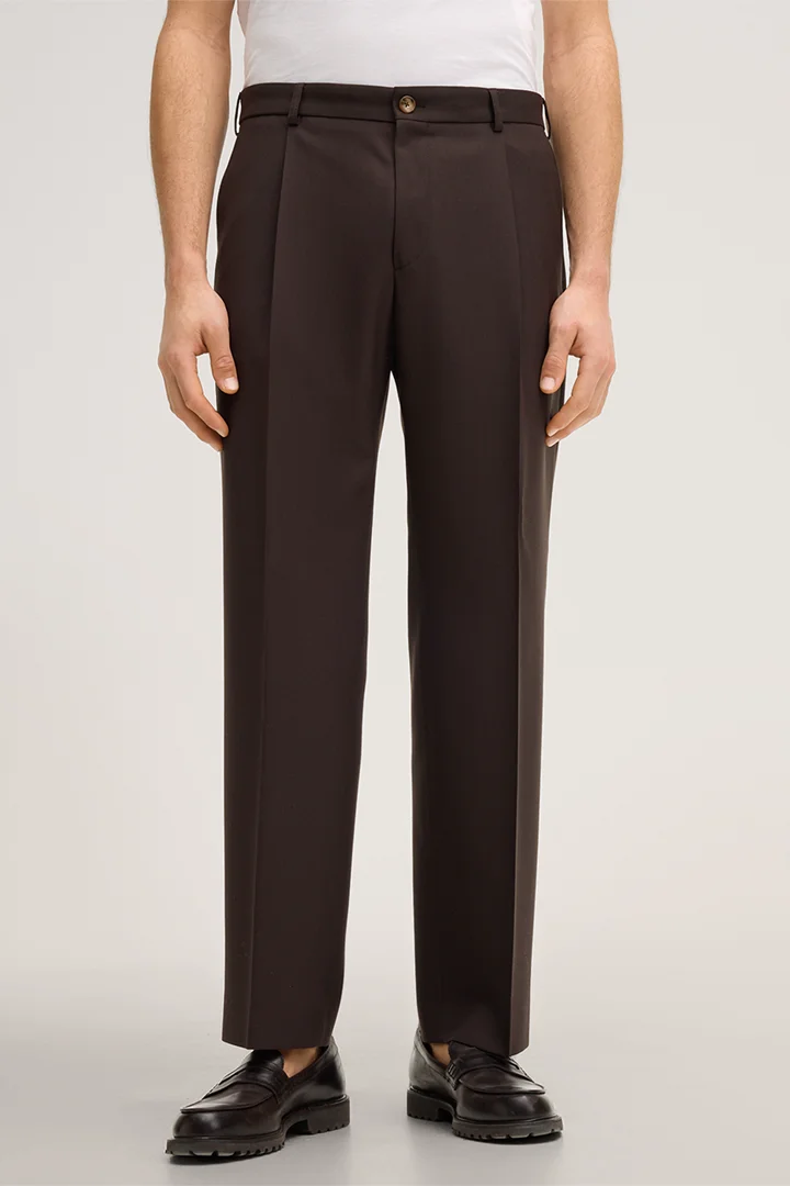 Leads to product detail page "Francos Modular Virgin Wool Trousers with Waist Pleats in Brown"