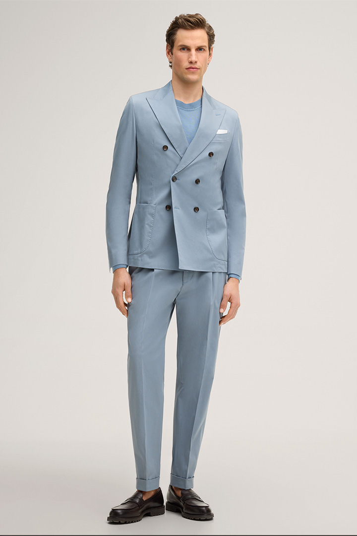 Leads to product detail page "Salerno double-breasted modular suit in light blue cotton blend"