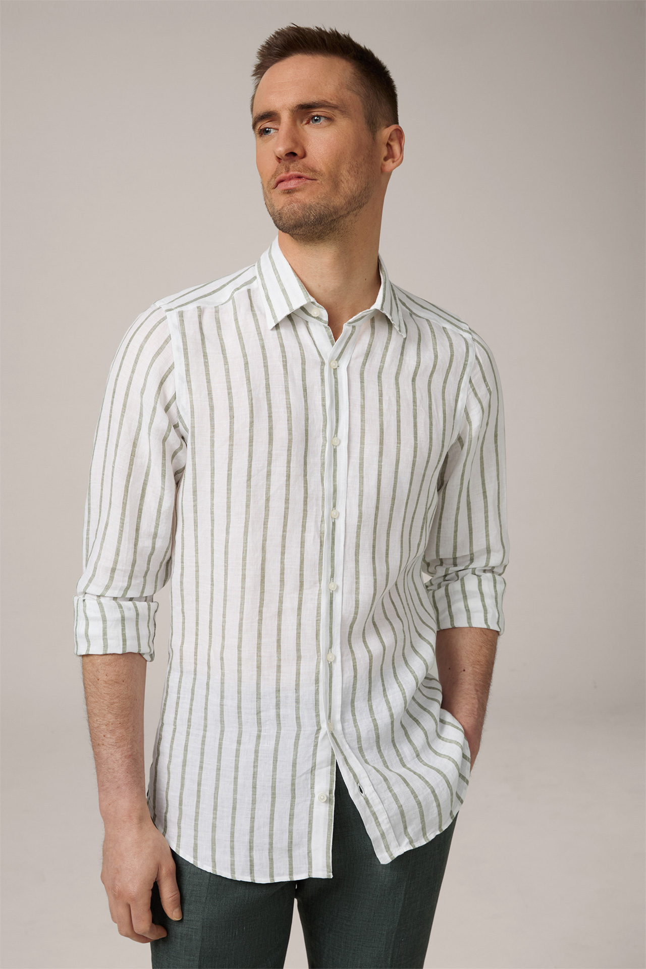 Lapo Linen Shirt in White and Olive Striped