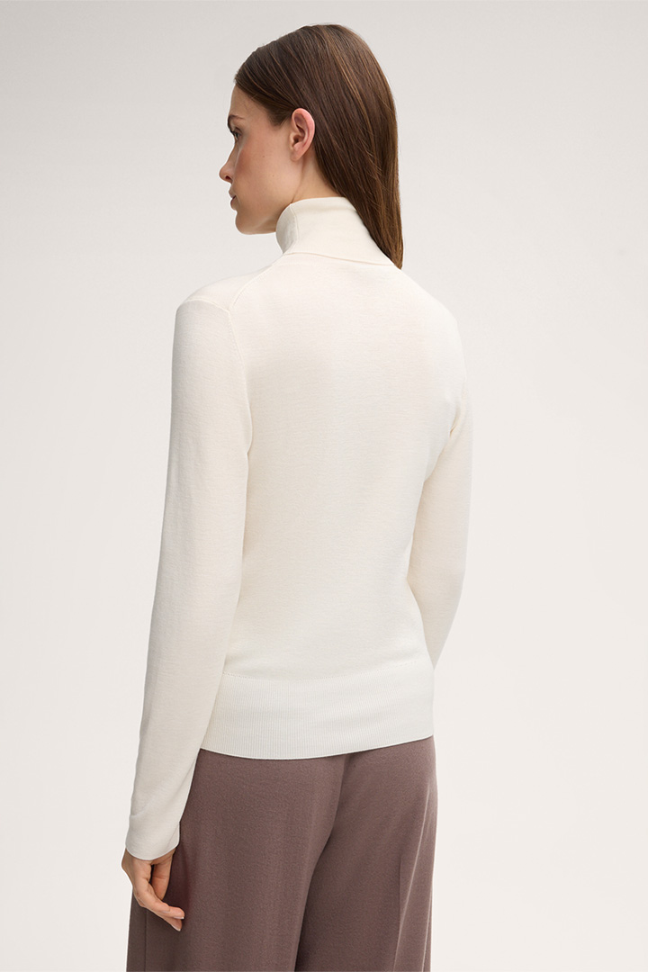 Virgin Wool and Silk Blend Ribbed Knit Roll Neck in Ecru
