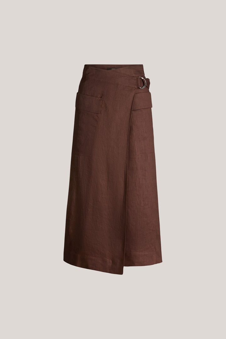 Leads to product detail page "Midi-length linen wrap skirt in dark brown"