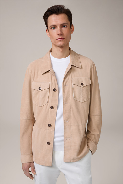 Goatskin Suede Leather Overshirt with Shirt Collar in Beige