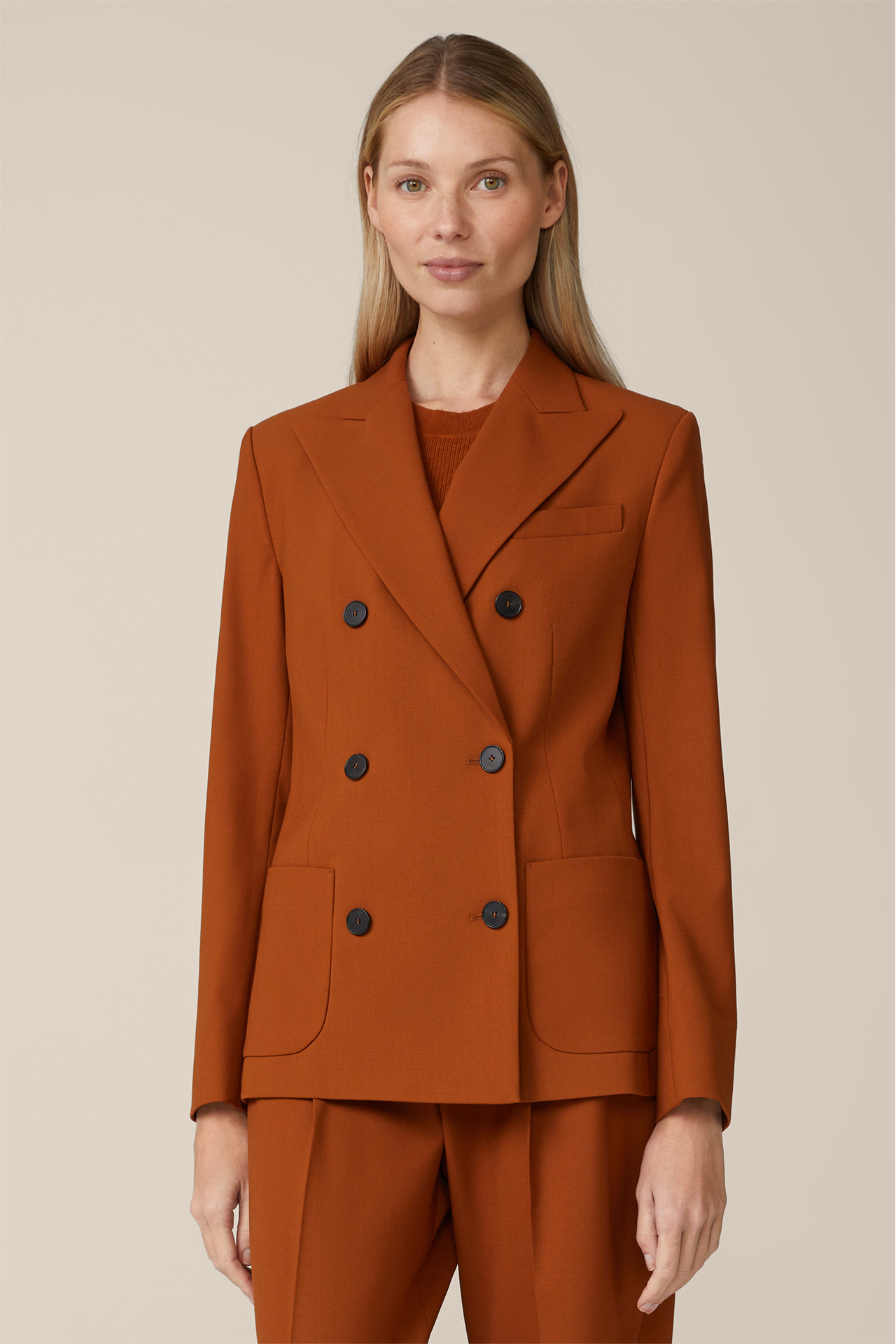 Wool Stretch Double-Breasted Blazer in Copper
