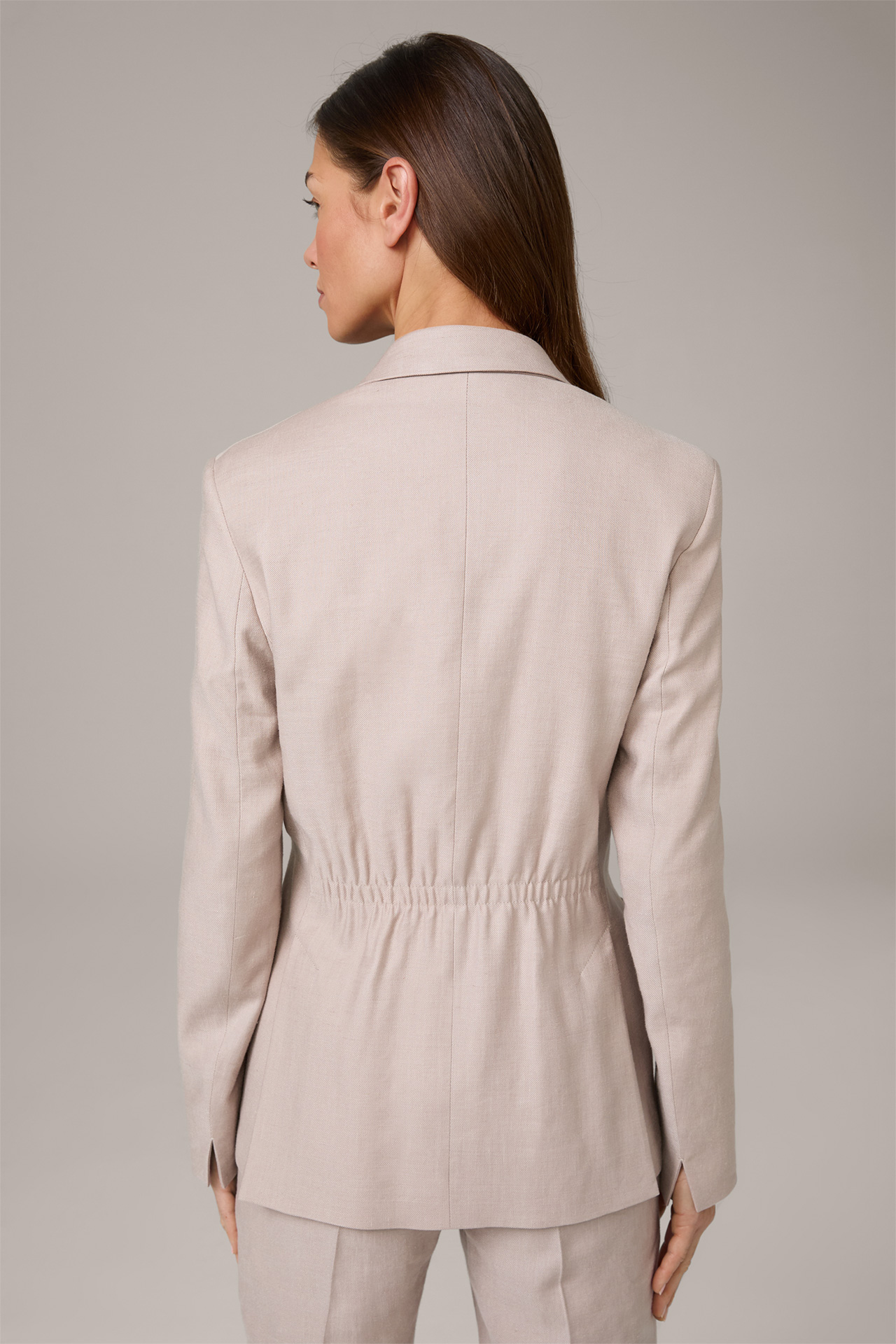 Stretch Linen Double-breasted Blazer with Ruched Back in Taupe