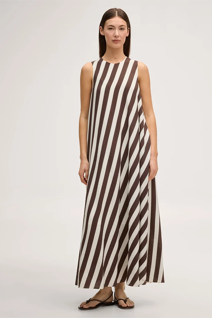 Leads to product detail page "Viscose-linen blend maxi dress in ecru and dark brown stripes"