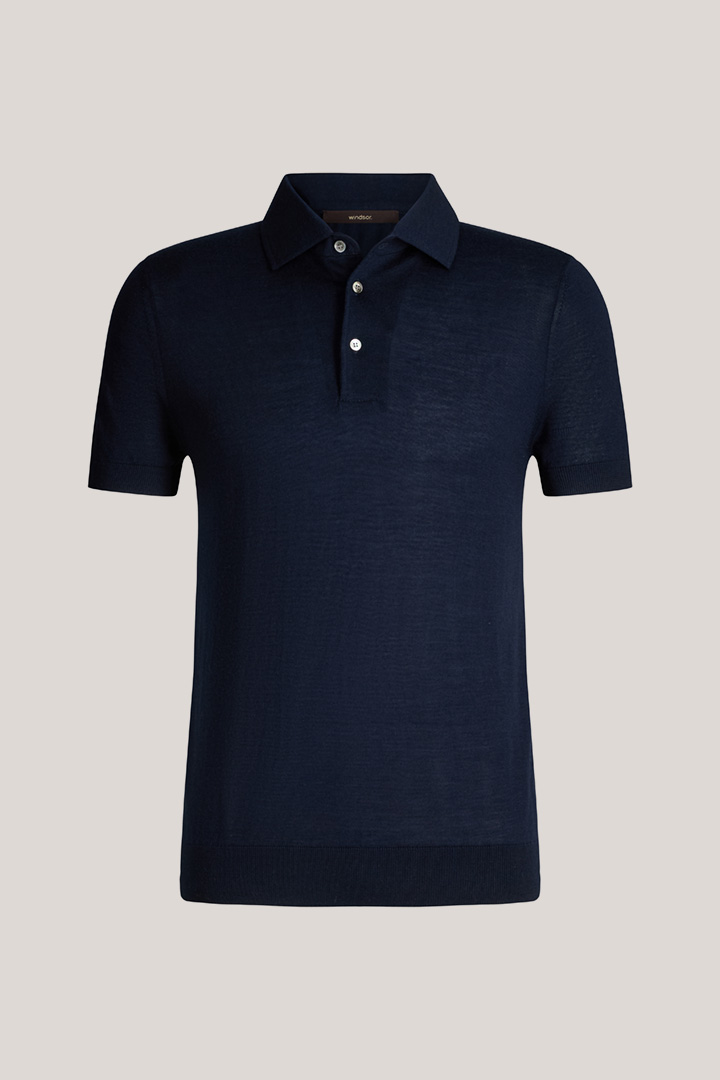Leads to product detail page "Nando Knitted Polo Shirt with Silk and Cashmere in Navy"