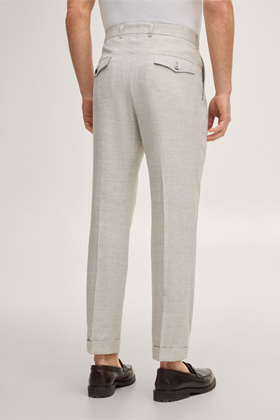 Leads to product detail page "Sapo linen blend modular trousers with virgin wool in beige herringbone"