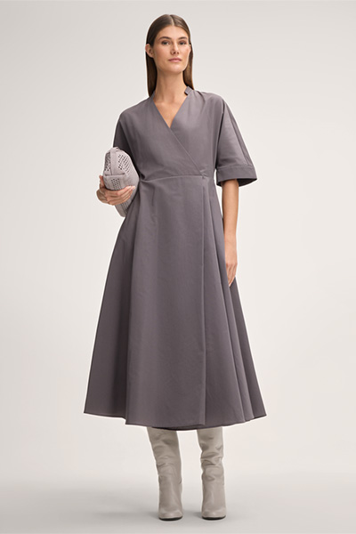 Midi-Length Triacetate Wrap Dress in Grey