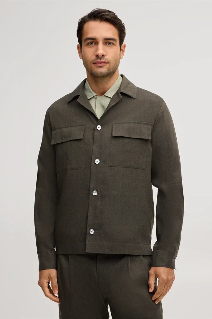 Leads to product detail page "Linen blend modular overshirt Lavoro with wool in dark green"