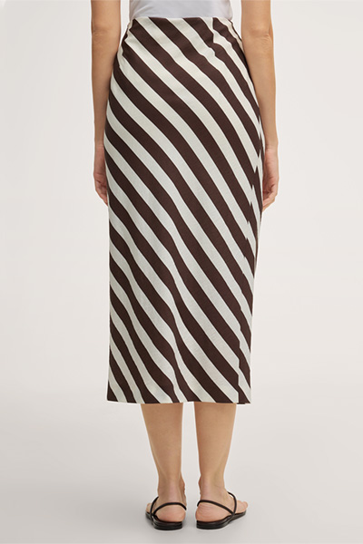 Viskose-Leinenmix-Wickelrock in Midi-Länge in Ecru-Dunkelbraun gestreift