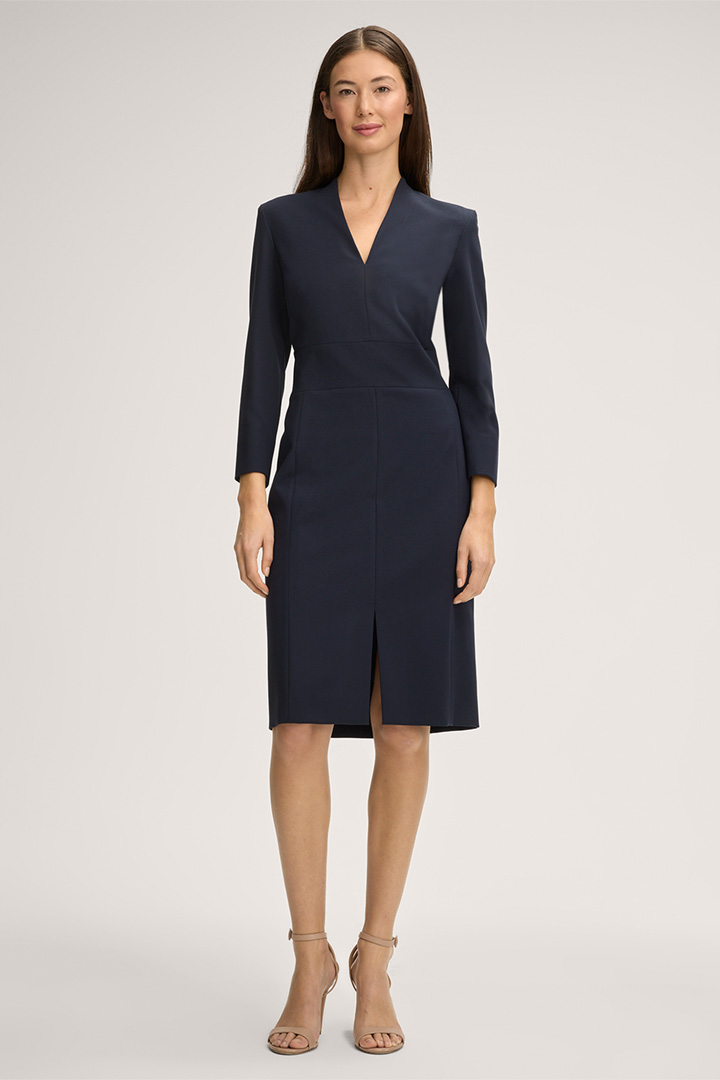Leads to product detail page "Crêpe Sheath Dress in Navy"