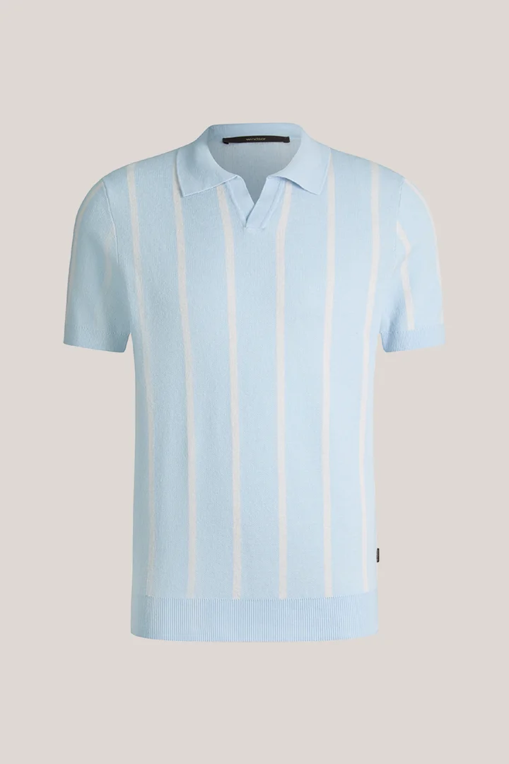 Führt zu Produktdetailseite „Leinenmix-Polo Lindo in Hellblau-Grau gestreift"