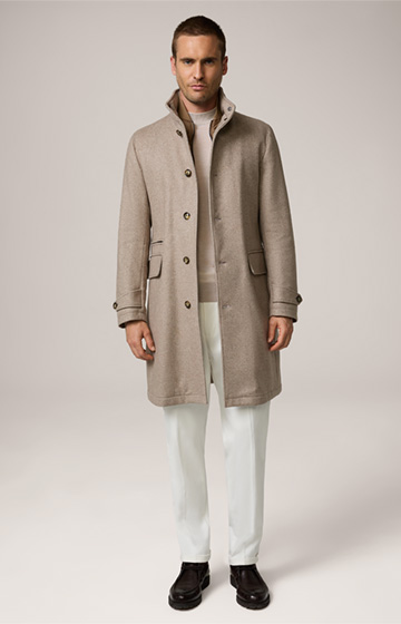 Danilo Wool Blend Coat with Stand-up Collar and Herringbone Design in Taupe