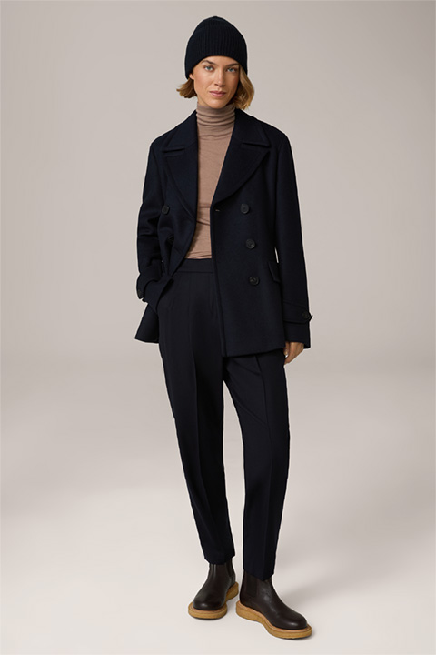 Wool Blend Caban Jacket with Cashmere in Navy