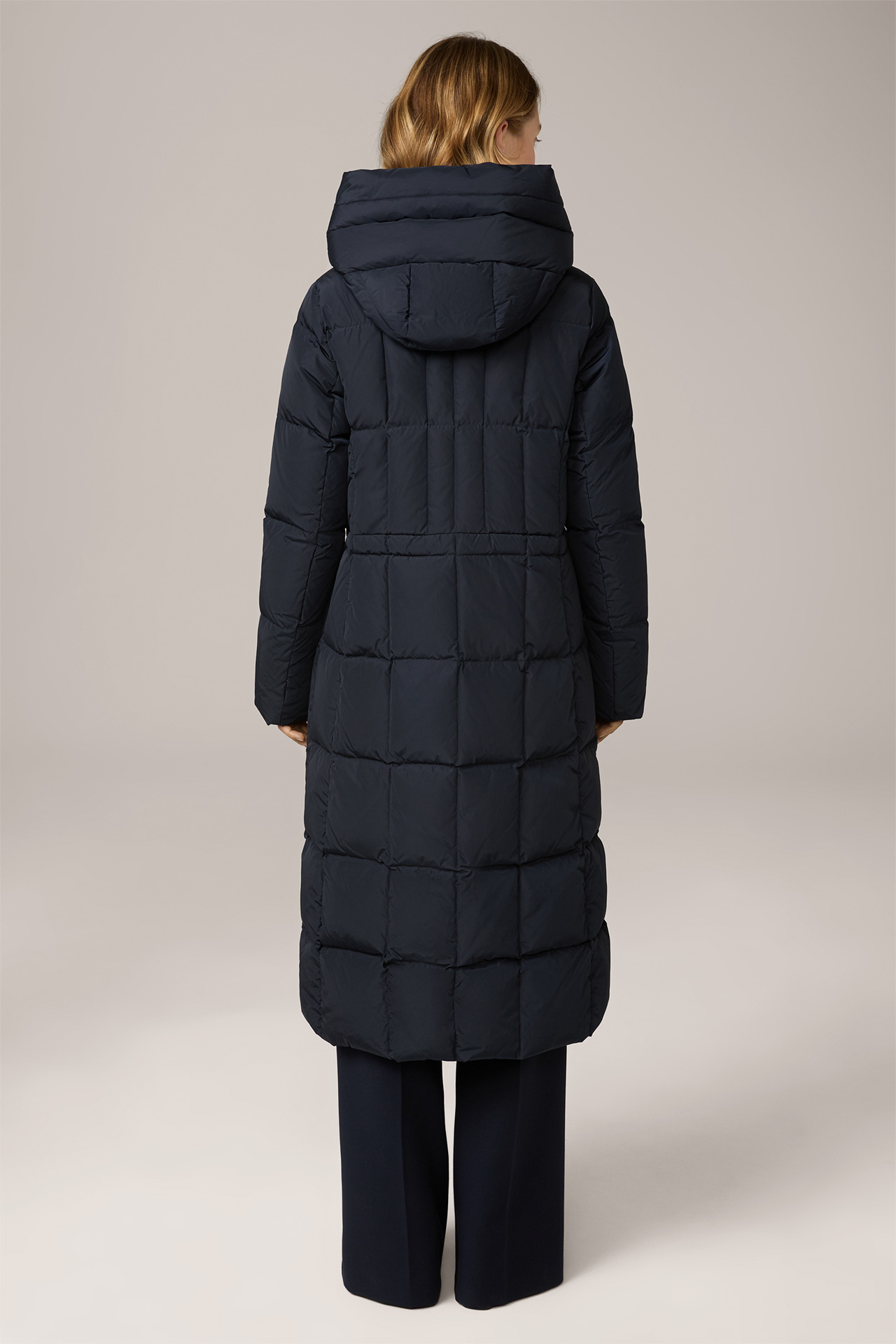 Quilted Down Coat with Hood in Navy