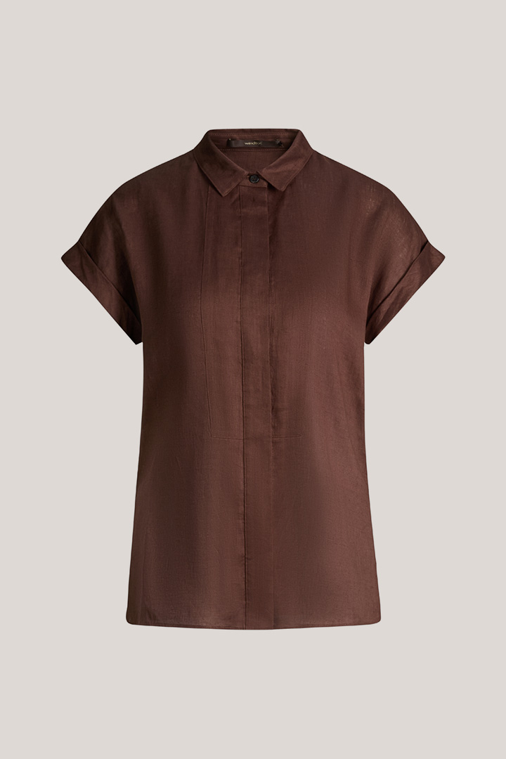 Leads to product detail page "Short-sleeved linen shirt with turn-down collar in dark brown"