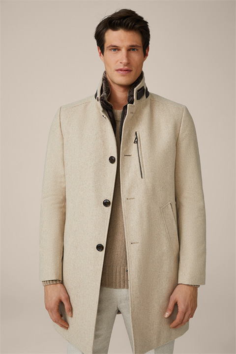 Rivano Stand-up Collar Coat with Cashmere and Lambskin Collar in Beige
