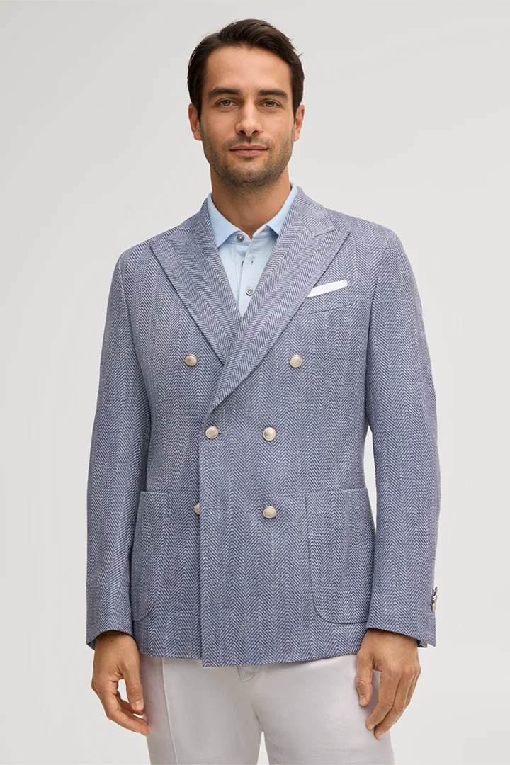 Leads to product detail page "Salio Double-breasted Jacket in a Cotton Blend with Linen in Blue Herringbone"