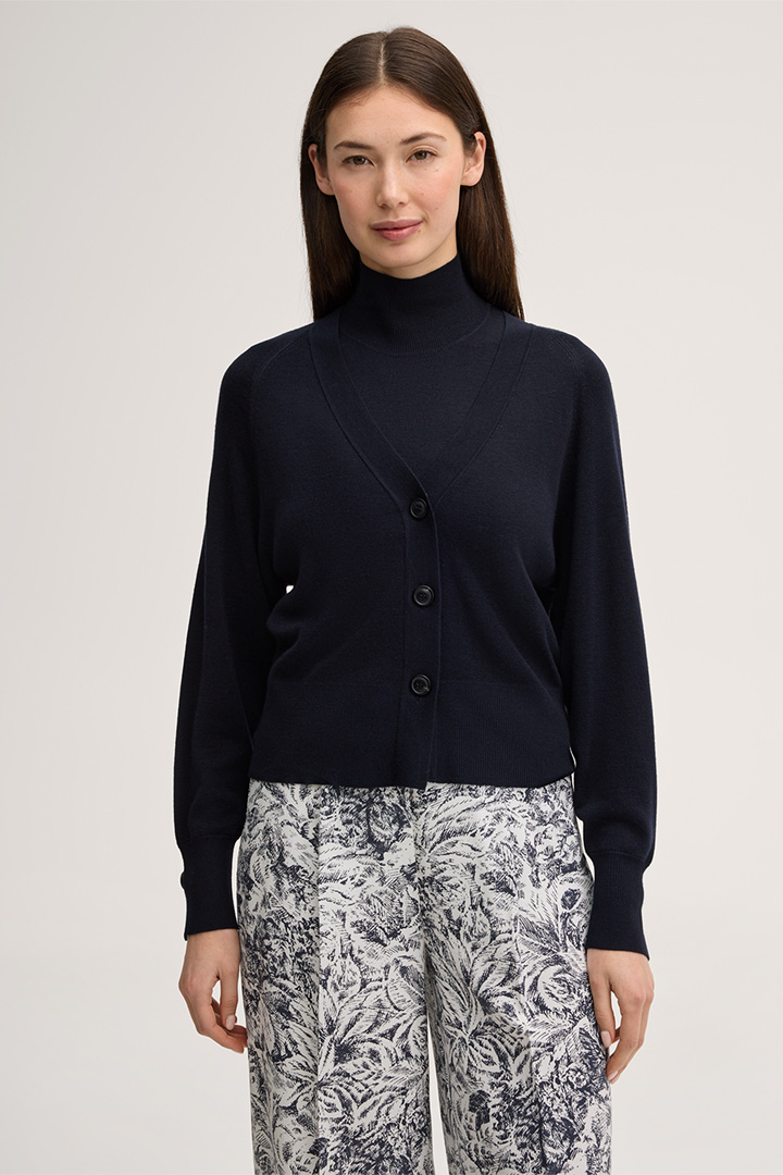 Führt zu Produktdetailseite „Schurwoll-Seidenmix-Cardigan in Navy"