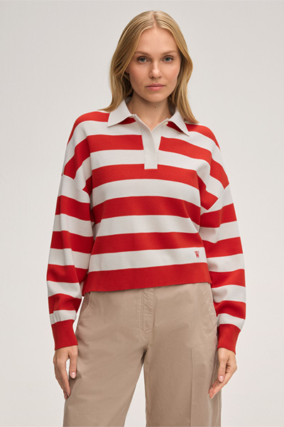 Merino-Strick-Polo-Shirt in Rot-Ecru gestreift