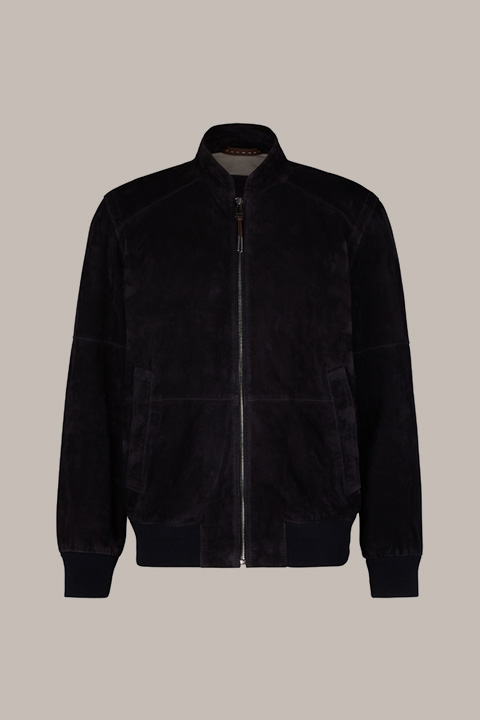 Leads to product detail page "Borello Goatskin Suede Leather Bomber Jacket in Dark Blue"