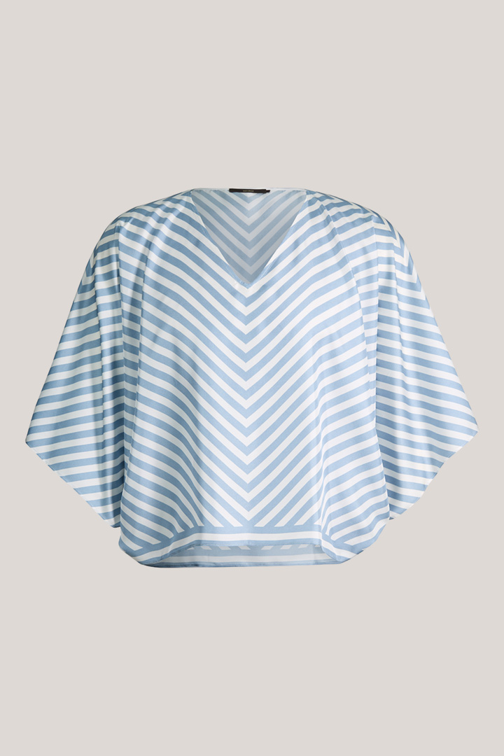 Mène à la page produit « Poncho en soie sans manches, rayé écru et bleu clair »