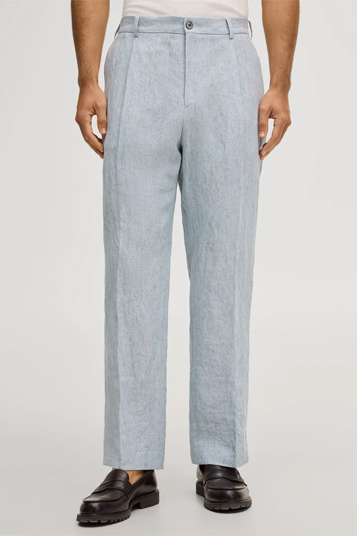 Leads to product detail page "Franco linen modular trousers with pleat on the waistband in washed blue"