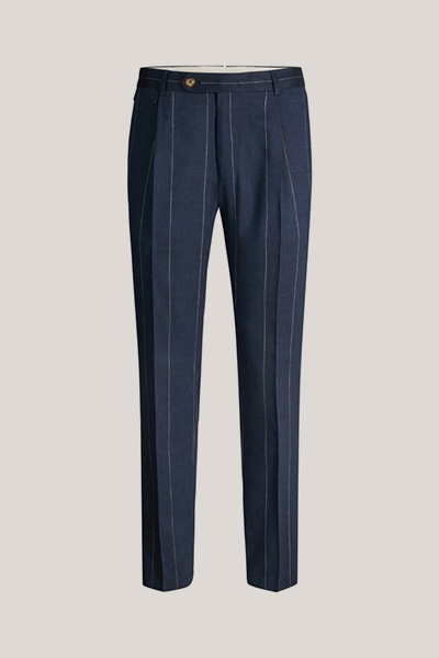 Silvi linen blend modular trousers with virgin wool in navy with pinstripes