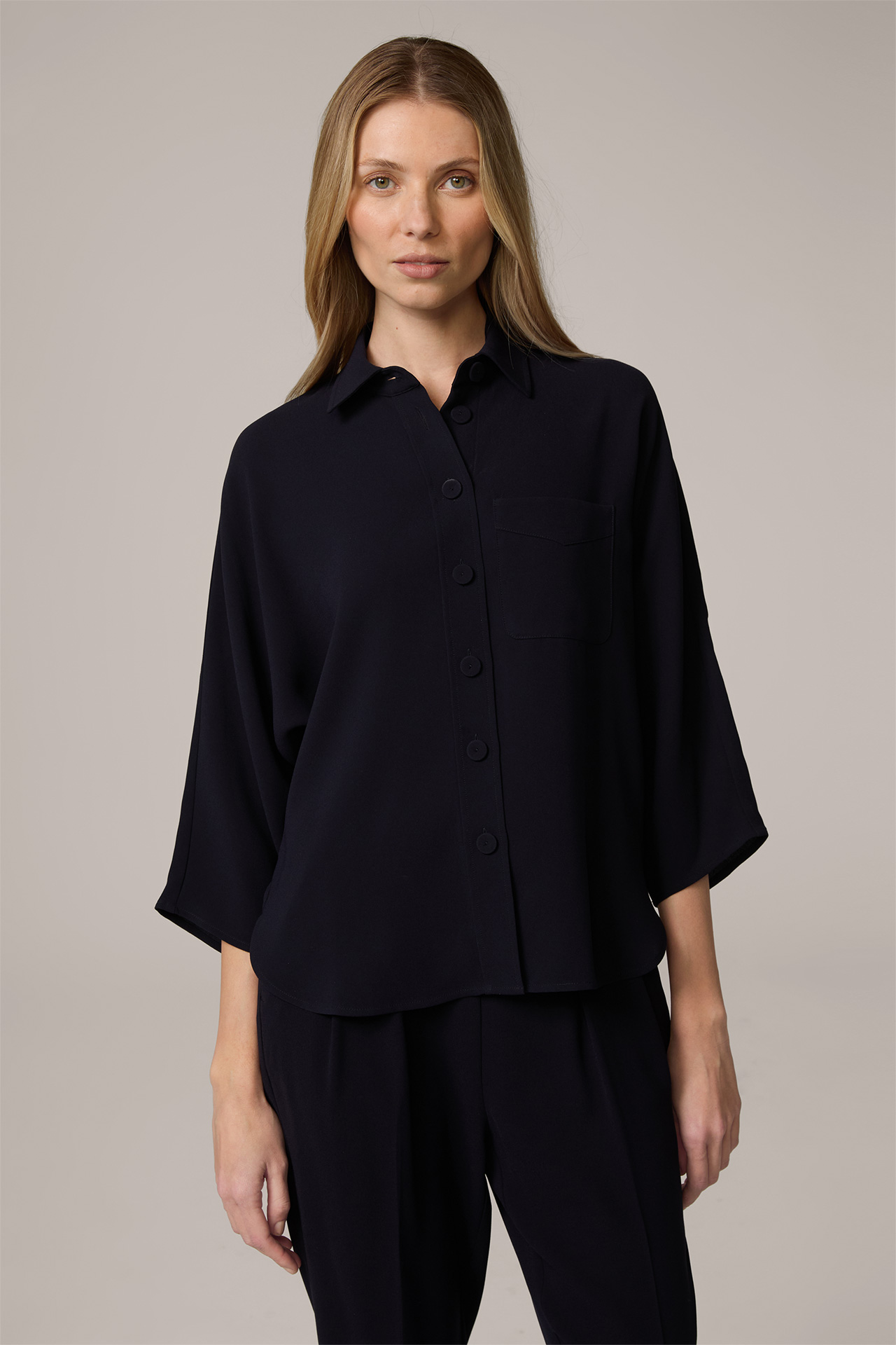 Crêpe Blouse with Shirt Collar, Oversized, in Navy