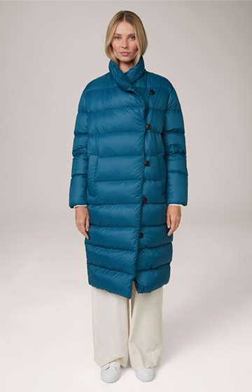 Quilted Down Coat in Petrol Blue